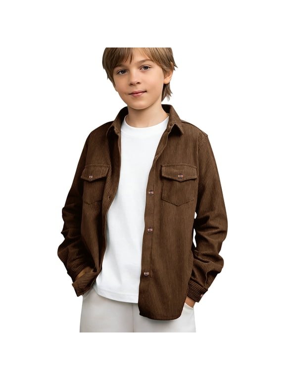 Boys Fall Shacket Long Sleeve Button Up Jacket Collared Lightweight Overshirt with Pockets (Brown, 7-8 Years)