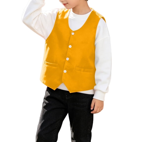 GiLiling Boys Formal Vest Elegant Speech Recital Wedding Party V-neck Button Up with Pockets Outfit for Kids (Yellow, 8-10 Years)