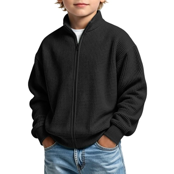 GiLiling Boys Full Zip Lightweight Knit Sweatshirt Tops No Hood Stand Collar Jacket Soft Fleece Layering Clothes Fall Winter Outerwear (Black, 4-5 Years)