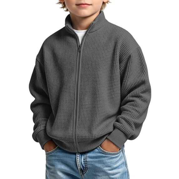 GiLiling Boys Full Zip Lightweight Knit Sweatshirt Tops No Hood Stand Collar Jacket Soft Fleece Layering Clothes Fall Winter Outerwear (Dark Gray, 12-13 Years)
