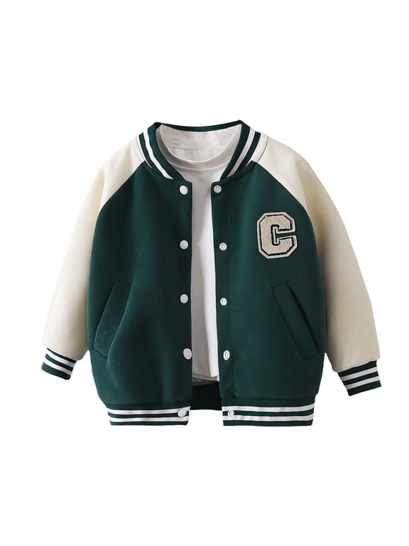 Boys Girls Letterman Jacket Kids Varsity Bomber Jacket Lightweight Baseball Jackets Button Down Coat School Outwear (Blackish Green, 8-9 Years)
