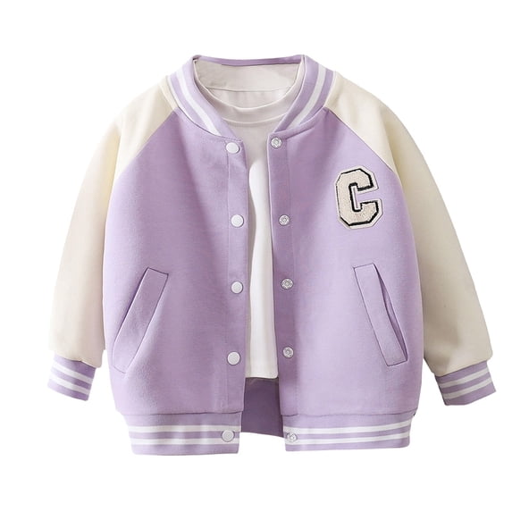 GiLiling Boys Girls Letterman Jacket Kids Varsity Bomber Jacket Lightweight Baseball Jackets Button Down Coat School Outwear (Light Violet, 12-18 Months)