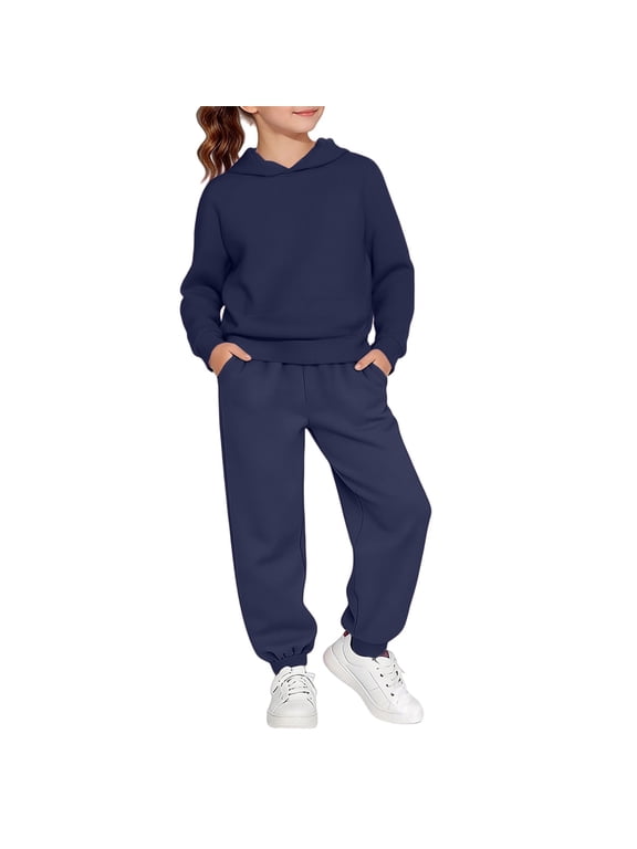Boys Girls School Sweatsuits Set, Athletic 2-Piece Outfit, Preppy Hoodie and Sweatpants, Plain Tracksuit Clothing Sets (Navy, 3-4 Years)