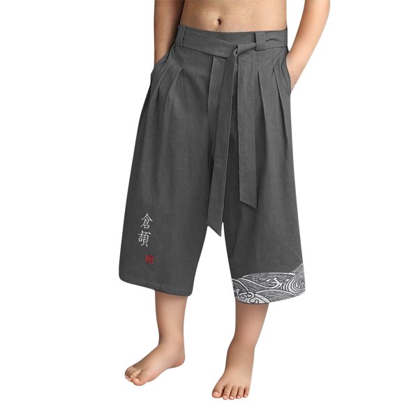 GiLiling Boys Japanese Kimono Linen Capri Kids Traditional Beach Hakama Pants Wide Leg Harem Pants Loose Cropped Trousers (Grey, 5-6 Years)