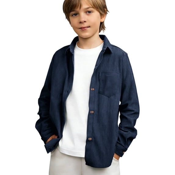 GiLiling Boys Long Sleeve Corduroy Shirt Vintage Western Shacket with Pockets Spring Casual Button Down (Navy, 11-12 Years)