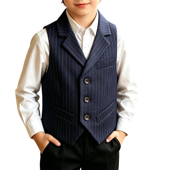 GiLiling Boys Pinstripe Suit Vest Blazer Lapel Formal Waistcoat Kids Button Striped Vest with Pocket Square for Wedding (Blue, 5-6 Years)