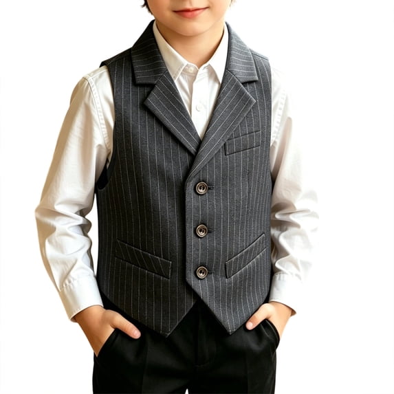 GiLiling Boys Pinstripe Suit Vest Blazer Lapel Formal Waistcoat Kids Button Striped Vest with Pocket Square for Wedding (Grey, 7-8 Years)