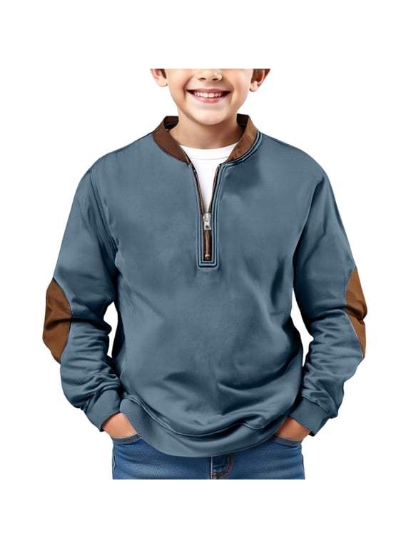 Boys Quarter Zip Pullover Sweatshirt Autumn Winter Fashion Athletic Long Sleeve Preppy Sweater Top with Elbow Patches (Blue, 4-5 Years)