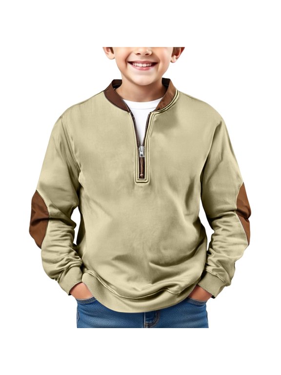 Boys Quarter‑Zip Pullover Sweatshirt, Preppy Long Sleeve Athletic Top with Elbow Patches for Fall Winter (Beige, 4-5 Years)