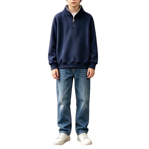 GiLiling Boys Quarter Zip Sweatshirts Teen Sweaters for Youth Kids Fashion Tops Mock Neck Long Sleeve Fall and Winter Warmth Clothes (Navy, 13-16 Years)