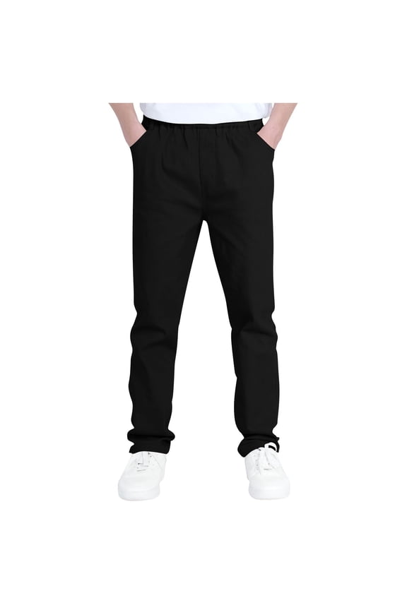 Boys Slim Fit Stretch Jeans School Uniform Pants Kids Elastic Waist Pull On Twill Pants with Pockets (Black, 8-9 Years)