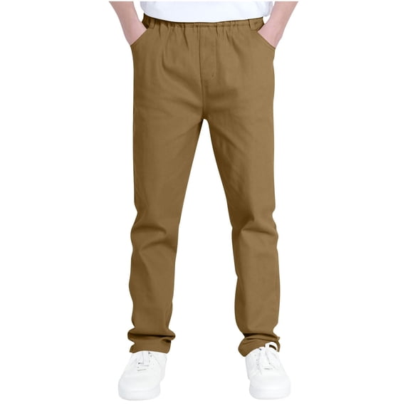 GiLiling Boys Slim Fit Stretch Jeans School Uniform Pants Kids Elastic Waist Pull On Twill Pants with Pockets (Brown, 12-13 Years)