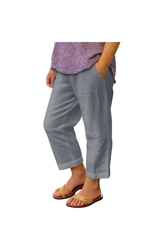 Boys Summer Straight Leg Linen Pants Lightweight Casual Elastic Waist Loose Beach Pants (Grey, 8-9 Years)