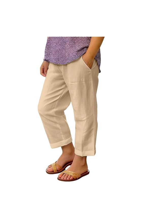 Boys Summer Straight Leg Linen Pants Lightweight Casual Elastic Waist Loose Beach Pants (Khaki, 8-9 Years)