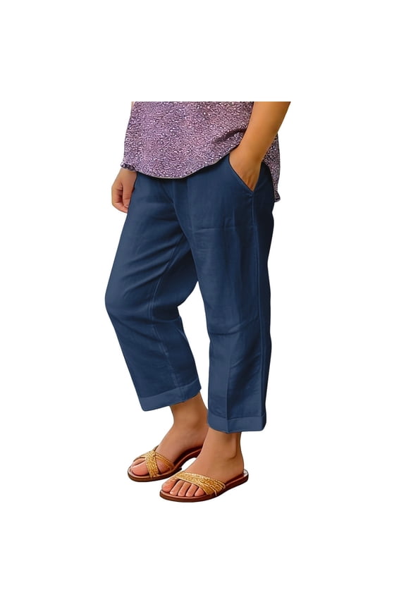 Boys Summer Straight Leg Linen Pants Lightweight Casual Elastic Waist Loose Beach Pants (Navy, 8-9 Years)