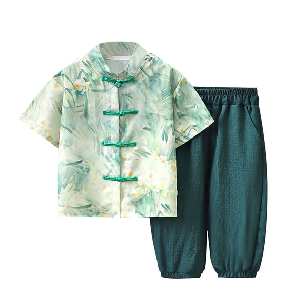 GiLiling Boys Summer Traditional Outfit Set - Short Sleeve Disc Buckle Shirt with Capri Pants 2 Piece (A, 12-18 Months)