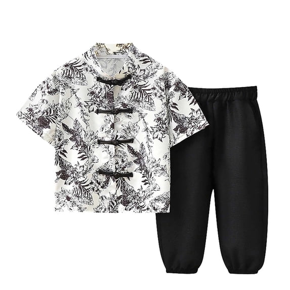 GiLiling Boys Summer Traditional Outfit Set - Short Sleeve Disc Buckle Shirt with Capri Pants 2 Piece (C, 4-5 Years)