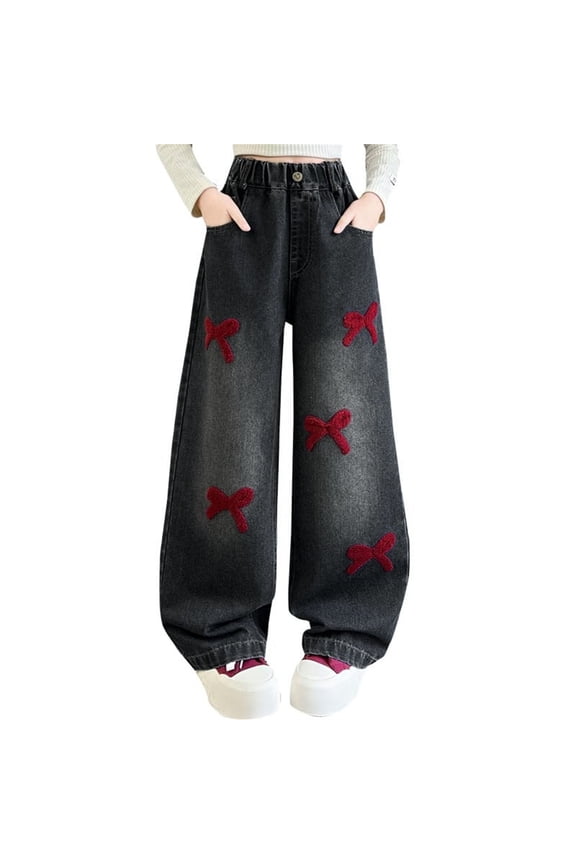 Boys and Girls Baggy Jeans, Straight Wide Leg Vintage Wash Denim Pants, High Elastic Waist Y2K Loose Trousers (Black, 5-6 Years)