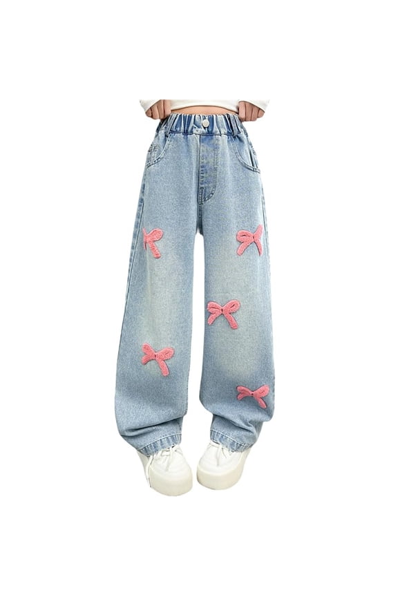Girls Aesthetic Vintage Wash Baggy Jeans High Waist Wide Leg Cargo Denim Pants Elastic Waist Y2K Bow Embroidery (Pink, ) (Pink, 9-10 Years)
