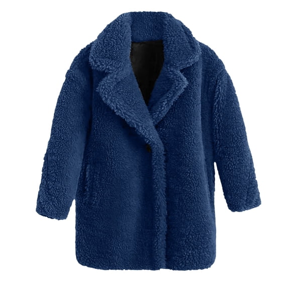 GiLiling Boys and Girls Fuzzy Fleece Jacket Sherpa Trench Coat Trendy Double Breasted Open Front Long Cardigan with Pocket (Blue, 7-8 Years)