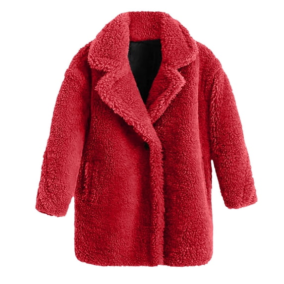 GiLiling Boys and Girls Fuzzy Fleece Jacket Sherpa Trench Coat Trendy Double Breasted Open Front Long Cardigan with Pocket (Red, 12-18 Months)