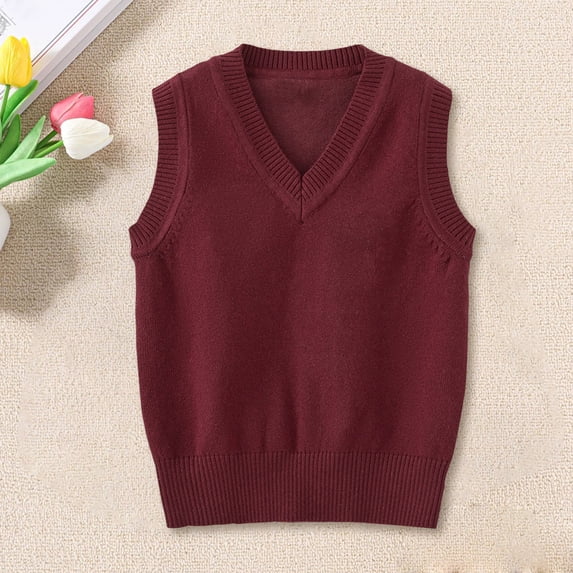 GiLiling Boys and Girls Sweater Cotton V Neck Vest for Toddler Kids Knitted Sleeveless Fall Winter Solid Clothes (Wine, 9-10 Years)