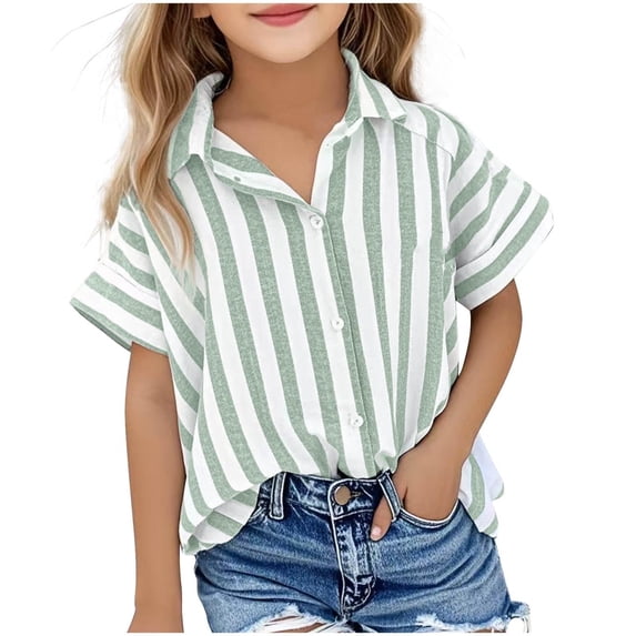 GiLiling Button Down Shirt Girls Cotton Short Sleeve Blouse V Neck Collared Button Up Summer Beach Top (Green, 7-8 Years)