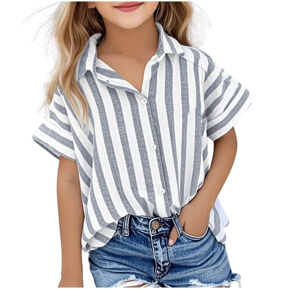 GiLiling Button Down Shirt Girls Cotton Short Sleeve Blouse V Neck Collared Button Up Summer Beach Top (Grey, 11-12 Years)