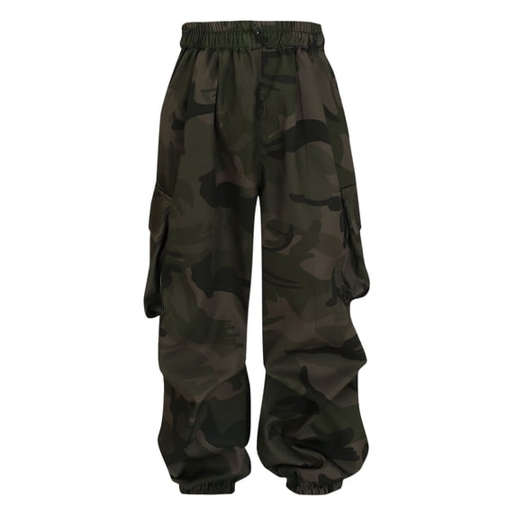 GiLiling Camouflage Cargo Pants for Teen Girls Boys Baggy Wide Leg Sweatpants Streetwear Hip Hop Loose Preppy School Joggers (Blackish Green, L)