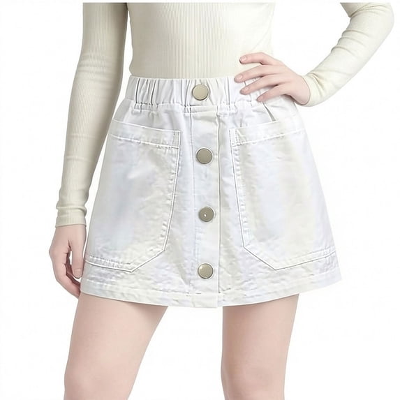 GiLiling Denim Skirts for Girls Mini Skirt Elastic Waist A-Line Skirt with Large Pockets and Decorative Buttons for Casual Everyday Wear (White, 12-18 Months)