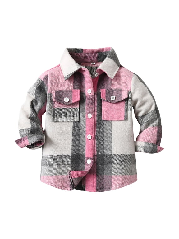 Flannel Shirts for Boys Girls Casual Long Sleeve Lapel Button Down Winter Plaid Jacket Toddler Outwear Clothes (Pink, 3-6 Months)
