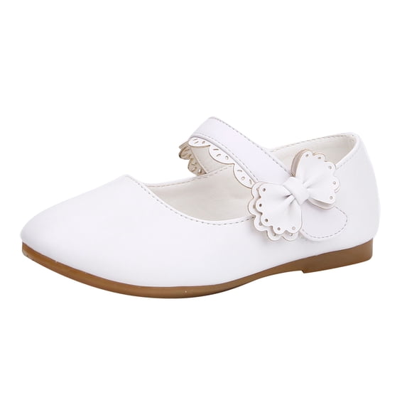 GiLiling Flats for Girls, Mary Jane Dress Shoes, Closed-Toe Ballet Flats with Scalloped Bow, Flat Heel for School Formal Occasions (White, 3.5-4 Years)