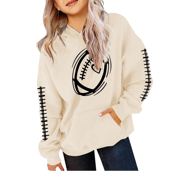 GiLiling Football Hoodies for Teen Girls Fall Oversized Cute Baseball Graphic Pullover Long Sleeve Crewneck Sweatshirts (Beige, 7-9 years)