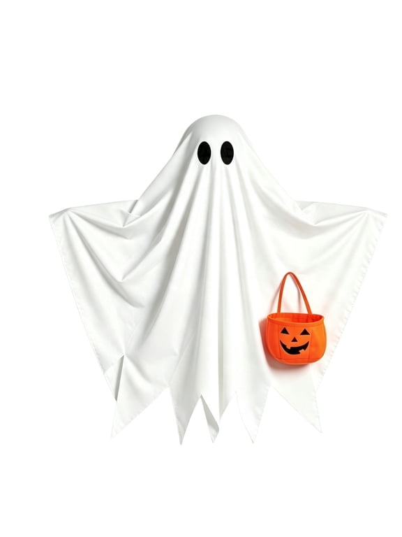 Ghost Costume for Kids Toddler Ghost Costume with Pumpkin Bag Spooky Halloween Costumes Boys and Girls Dress-Up Outfit (White, ONESIZE)