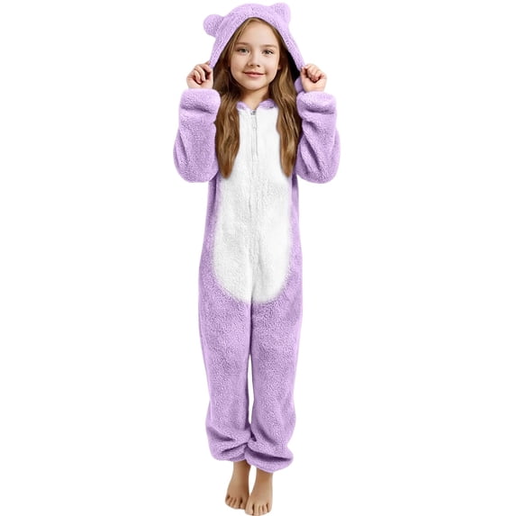 GiLiling Girls Fleece Zip up Jumpsuits Kids Hooded Rompers Costume Fuzzy Cute Animal Onesie Winter Warm Zipper Playsuit Jumper (Purple, 10-11 Years)