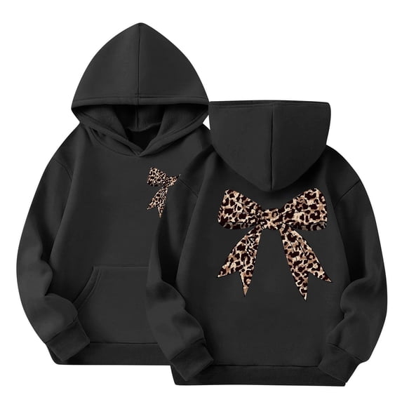 GiLiling Girl's Bow Cheetah Hoodies Long Sleeve Camo Graphic Trendy Pullover Cute Sweatshirt (Black, 12-13 Years)