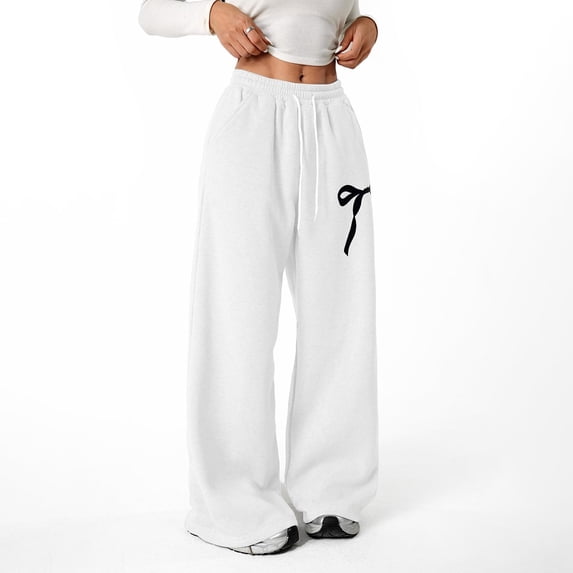 GiLiling Girl's Bowknot Baggy Sweatpants, Cute Straight Leg Athletic Pants, Elastic Waist Drawstring Pant for Teen Girls (White, 9-10 Years)