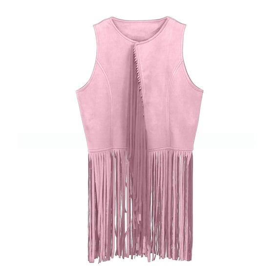 GiLiling Girl's Faux Suede Tassel Vest Tops Sleeveless Kids Vests Western Retro Boho Waistcoat Cowgirl Jacket Cardigan (Pink, 7-8 Years)