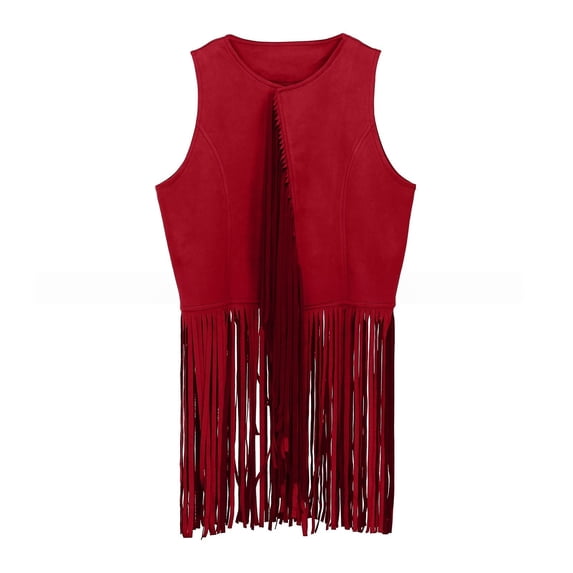 GiLiling Girl's Faux Suede Tassel Vest Tops Sleeveless Kids Vests Western Retro Boho Waistcoat Cowgirl Jacket Cardigan (Red, 13-14 Years)