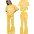 thumbnail image 1 of GiLiling Girls 2 Piece Outfits Cute Bow Print T-Shirt and Flare Pants Spring Summer Teen Tween Fashion Clothing Set (Yellow, 7-8 Years), 1 of 4