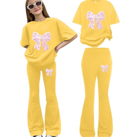 GiLiling Girls 2 Piece Outfits Cute Bow Print T-Shirt and Flare Pants Spring Summer Teen Tween Fashion Clothing Set (Yellow, 7-8 Years)
