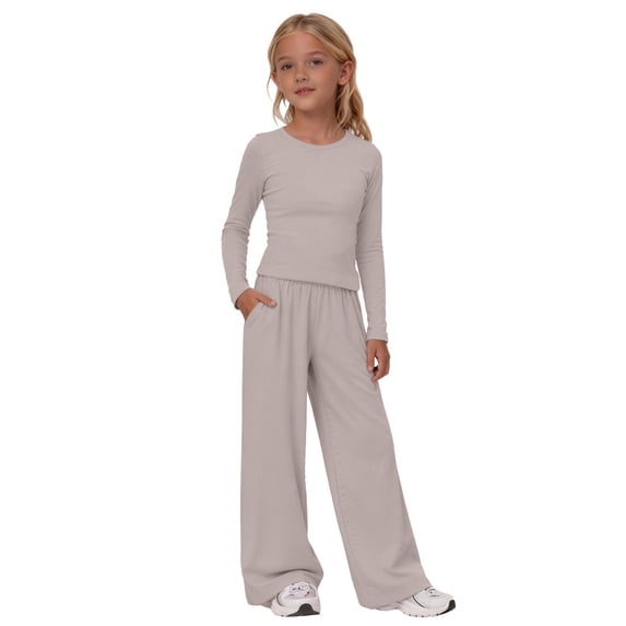 GiLiling Girls 2 Piece Set Fall Winter Outfits Lounge Sets Long Sleeve Top Wide Leg Pants Sweatsuit Clothing Athletic Outfit (Light Ashy, 8-9 Years)