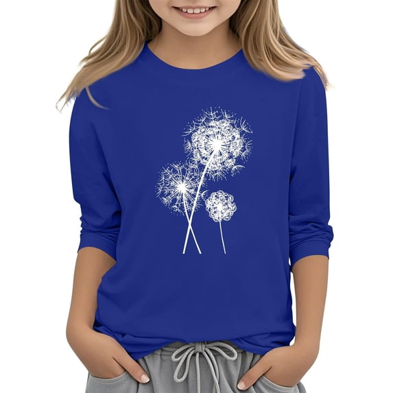 GiLiling Girls 3/4 Sleeve Crewneck Sweatshirt, Dandelion Printed Basic Blouse, Soft Casual Fashion Top Suitable for School Days and Leisure Occasions