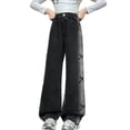 thumbnail image 1 of GiLiling Girls Aesthetic Baggy Cargo Jeans High Waist Wide Leg Elastic Waist Y2k Vintage Denim Pants Casual Bow Embroidery (Black, 7-8 Years), 1 of 8