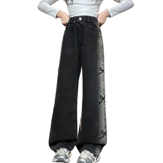 GiLiling Girls Aesthetic Baggy Cargo Jeans High Waist Wide Leg Elastic Waist Y2k Vintage Denim Pants Casual Bow Embroidery (Black, 7-8 Years)