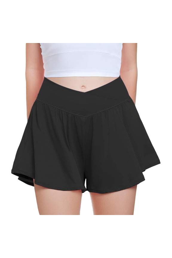 Girls Athletic Skort Crossover Waist Flowy Skirt with Built-in Shorts for Tennis Running (Black, 9-10 Years)