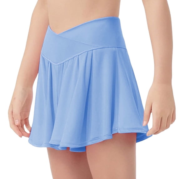 GiLiling Girls Athletic Skort Crossover Waist Flowy Skirt with Built-in Shorts for Tennis Running (Blue, 13-14 Years)