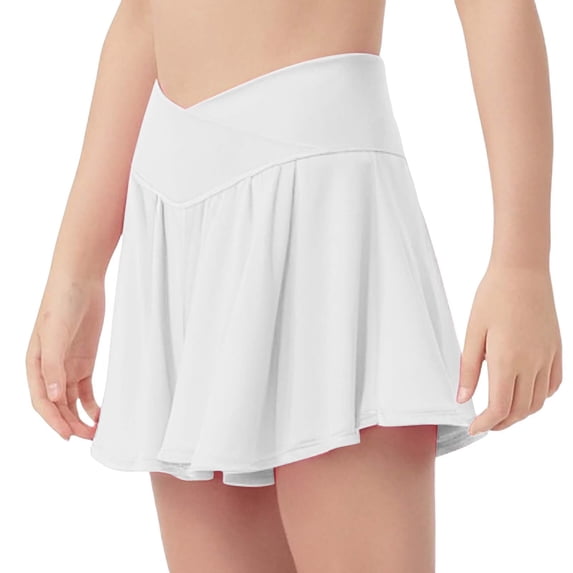 GiLiling Girls Athletic Skort Crossover Waist Flowy Skirt with Built-in Shorts for Tennis Running (White, 13-14 Years)