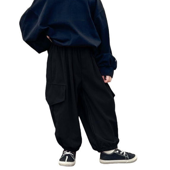 GiLiling Girls Baggy Corduroy Pants Solid Color Hip Hop Cargo Pants Loose Casual Travel Hiking Trousers with Pockets (Black, 5-6 Years)