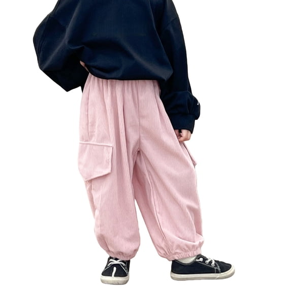 GiLiling Girls Baggy Corduroy Pants Solid Color Hip Hop Cargo Pants Loose Casual Travel Hiking Trousers with Pockets (Pink, 13-14 Years)